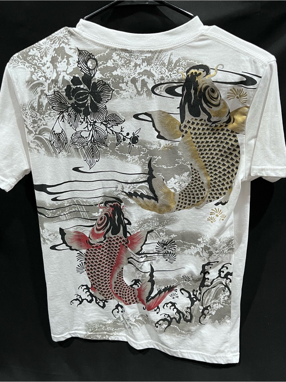 Joye White Koi Graphic Short Sleeve Tee with Gold & Red Accents